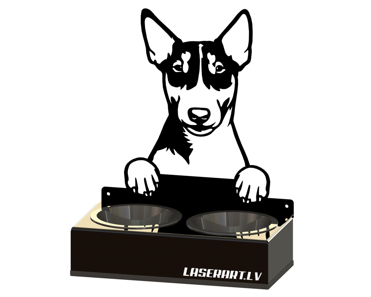 2-Bowl Dog Feeder, Miniature Bull Terriers Dog breed, Raised Feeding Station